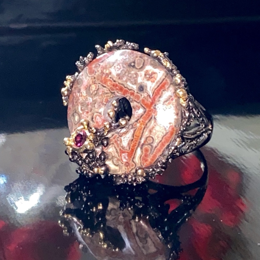 Fascinating Genuine 13 CT Jasper Rhodolite Ring